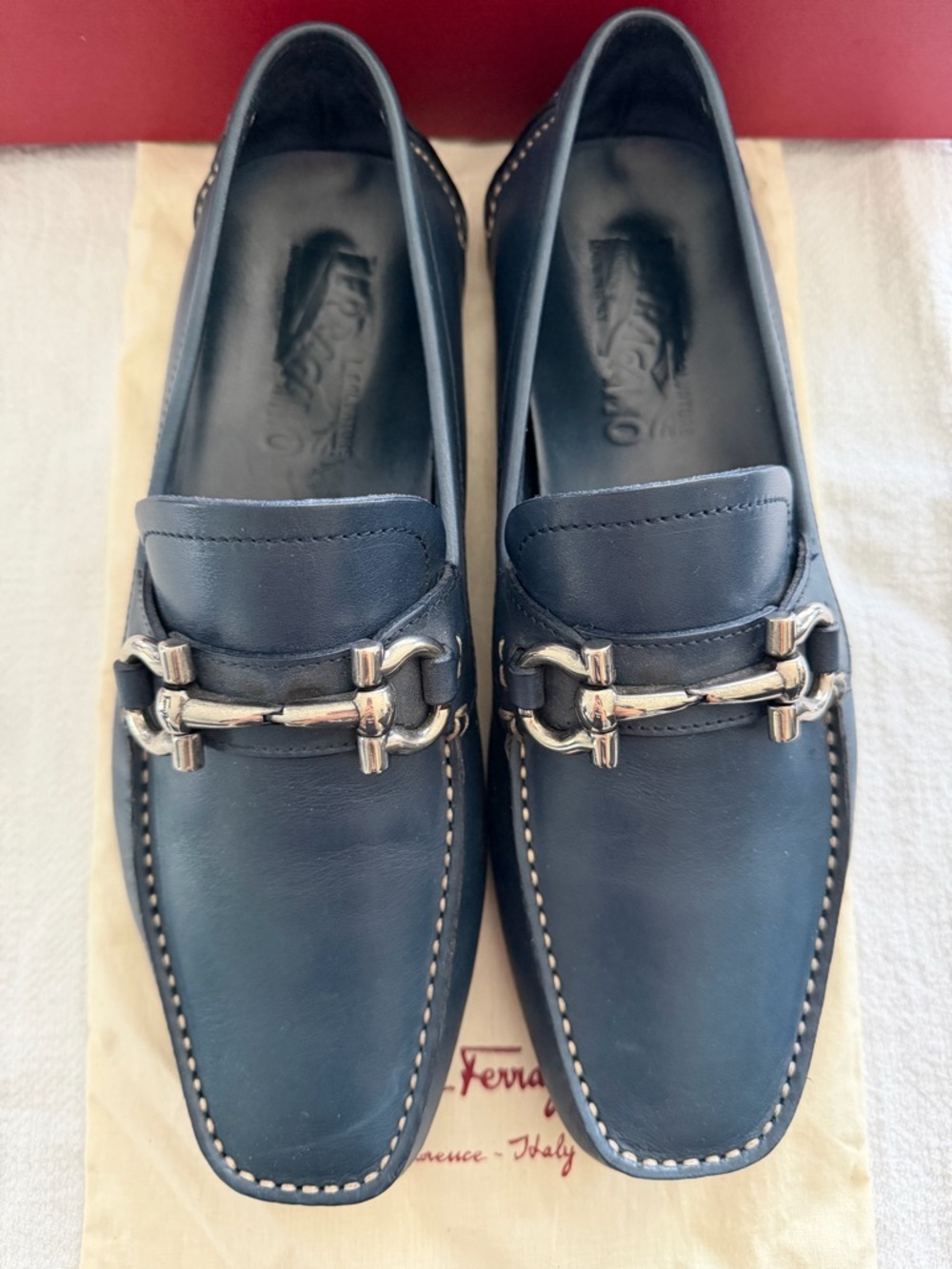 Salvatore Ferragamo Navy Leather Bit-Detail Loafers - Picture 3 of 8